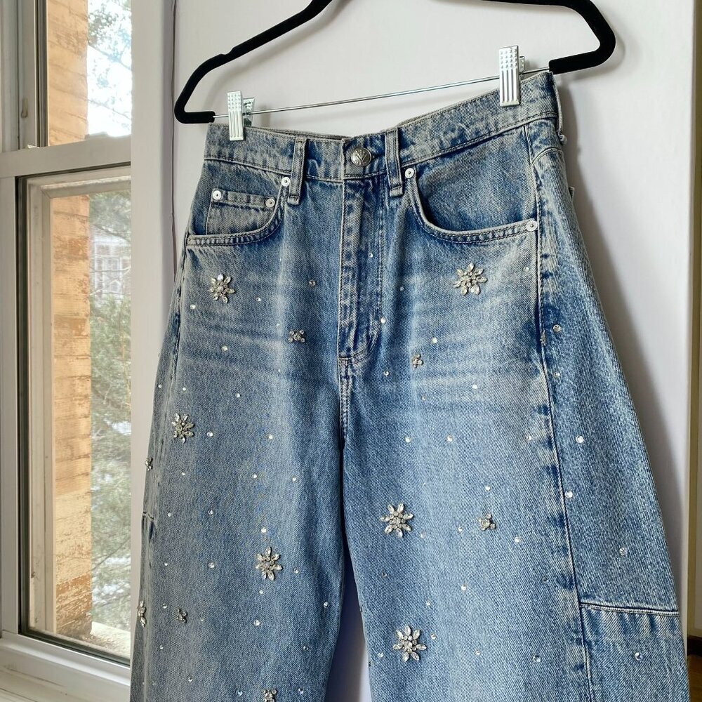 Rag & Bone Charlie Embellished Barrel Jeans Blue Floral Rhinestones 26 - Picture 5 of 17